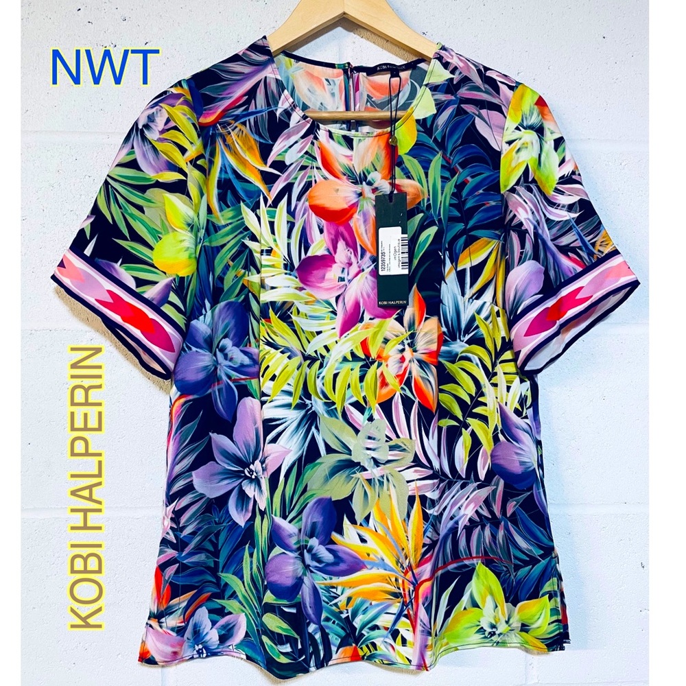 NWT KOBI HALPERIN multicolor tropics short sleeve blouse brand new with tag S
